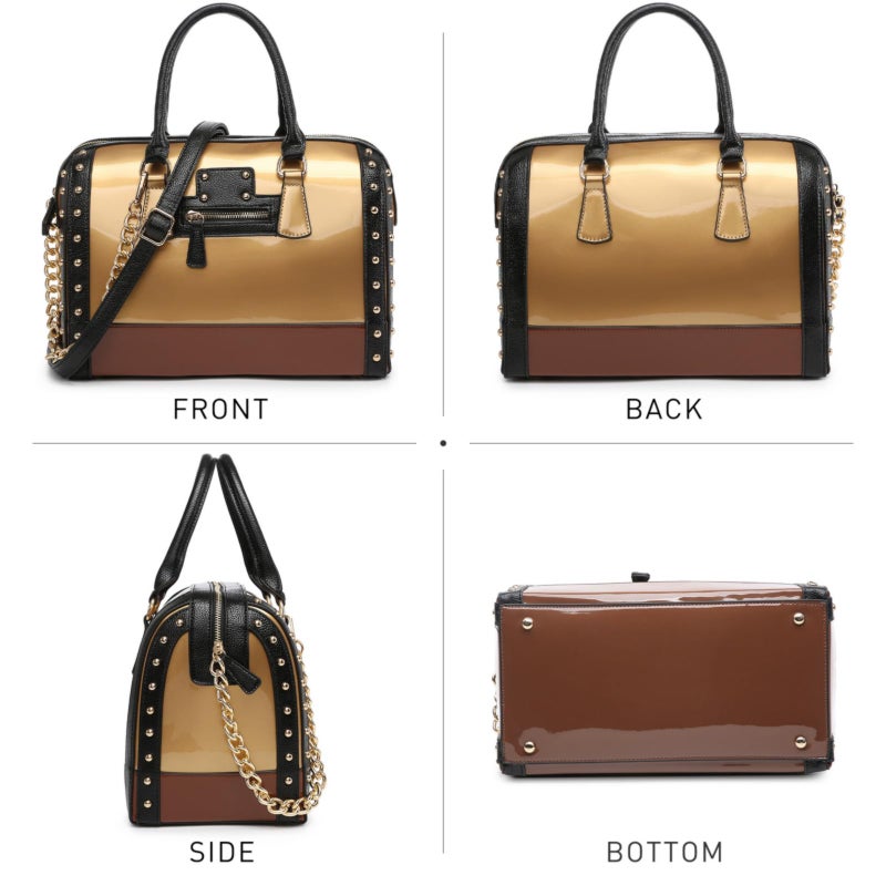 Dasein Women's Barrel Bag Shiny Patent Faux Leather Handbag with Rivet Decoration Top Handle Satchel Shoulder Purse (Large Gold) - Image 3